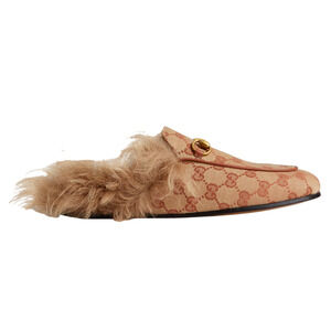 Gucci Princetown Beige Canvas Original GG Fur Loafer Slide Mule Slipper Flat 35